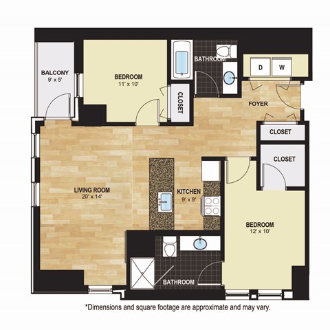 Floor plan for 2 beds, 2 baths, 1047 sqft